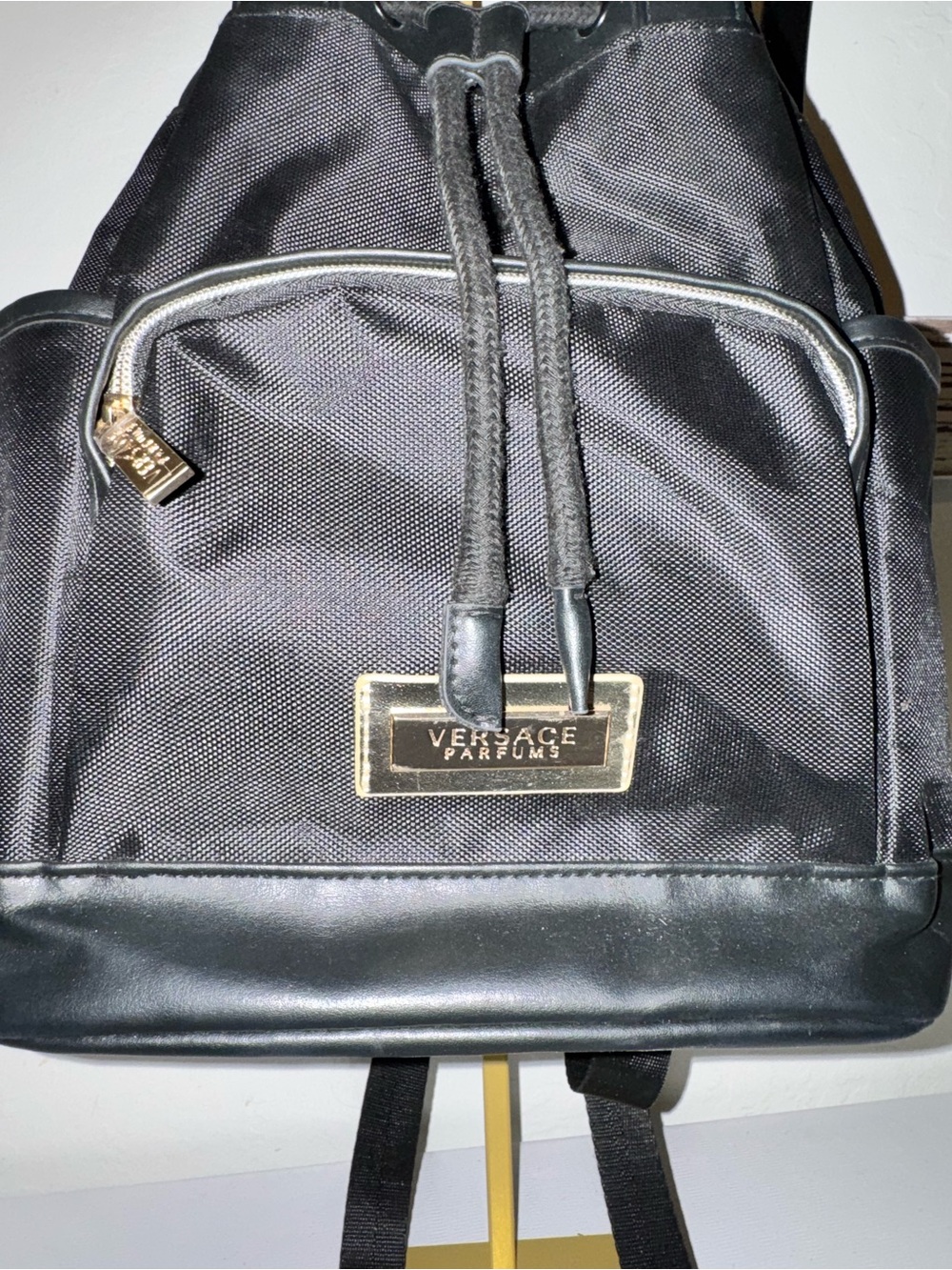 Versace Perfums black nylon backpack bag w gold hardware like new - Picture 4 of 15